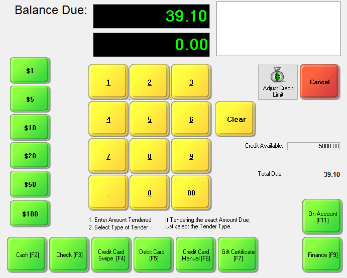 Tender Screen used with Touch Screens and in Version 6 wiith Vantiv or other EMV payment processing